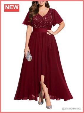 Plus Size Sequin Lace Formal Evening Dress High Low Ruffles